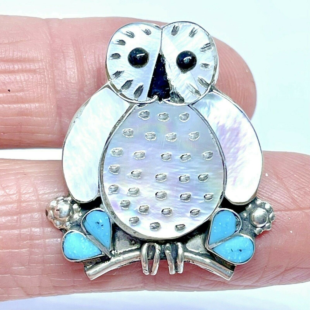 Zuni Inlay Snowy Owl Pendant Pin Sterling Turquoise Native American Signed Bird